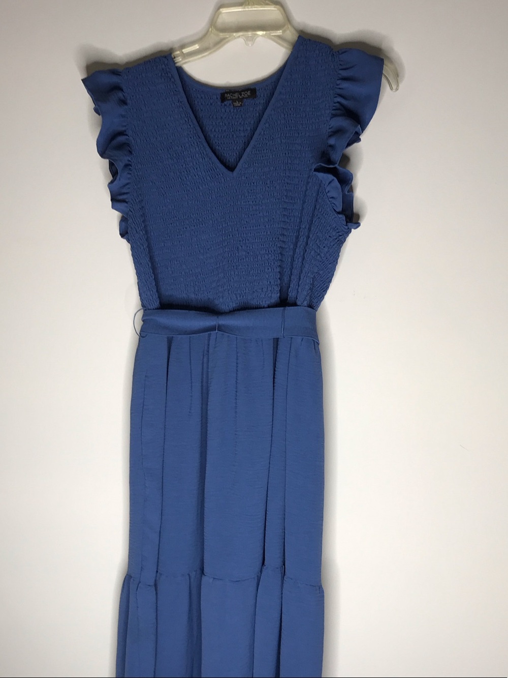 Rachel Zoe Cornflower Blue Smocked V-Neck Ruffle Sleeve Maxi Dress Large - Picture 2 of 5